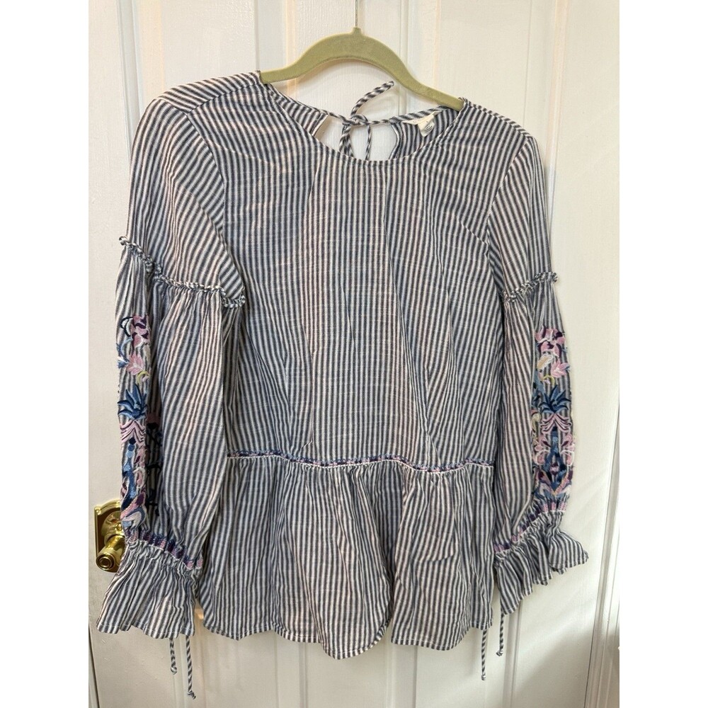 Caslon Striped Peplum Top Women’s Small Blue White Embroidered Boho Tassel